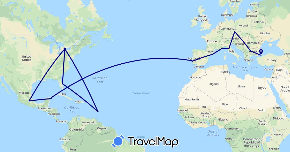 TravelMap itinerary: driving in Bulgaria, Canada, Czech Republic, Spain, France, Italy, Saint Lucia, Monaco, Mexico, Portugal, Turkey, United States (Asia, Europe, North America)